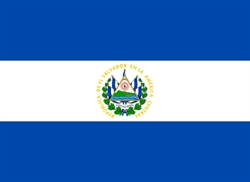 [ai] The national flag of El Salvador features three horizontal stripes: blue at the top and bottom, with a white stripe in the center, displaying the national coat of arms. The coat of arms includes a triangle, a volcano, and a rainbow.